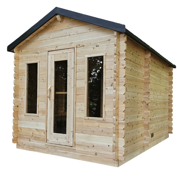 LeisureCraft Georgian cabin sauna with cedar wood exterior and glass door